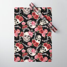 Guns With Roses - Painted Flowers and Skulls Wrapping Paper | Stvalentinesday, Roses, Pistols, Heavymetal, Watercolor, Graphicdesign, Pink, Gothiclove, Floral, Illustrated 