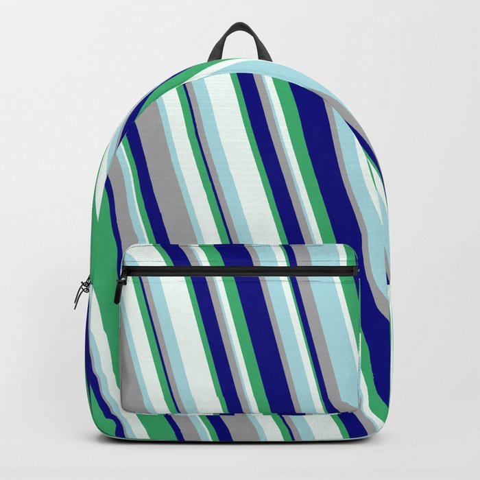 Eye-catching Powder Blue, Dark Gray, Blue, Sea Green & Mint Cream Colored Striped Pattern Backpack