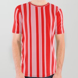 [ Thumbnail: Red & Light Pink Colored Lines/Stripes Pattern All Over Graphic Tee ]