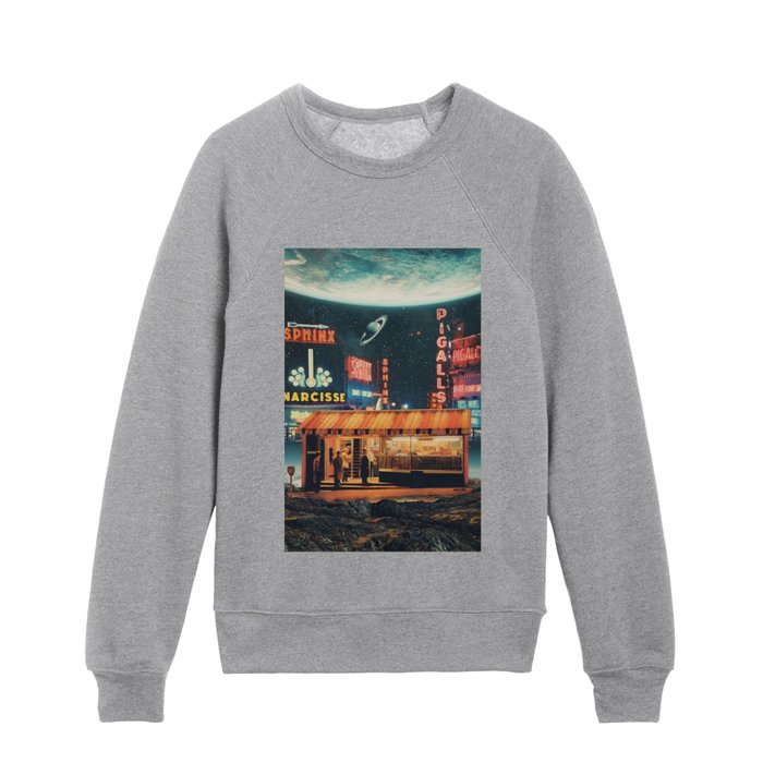 a Postcard from year 2347 Kids Crewneck