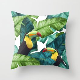 Toucans Tropical Banana Leaves Pattern Throw Pillow