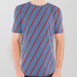 [ Thumbnail: Red and Blue Colored Lines/Stripes Pattern All Over Graphic Tee ]