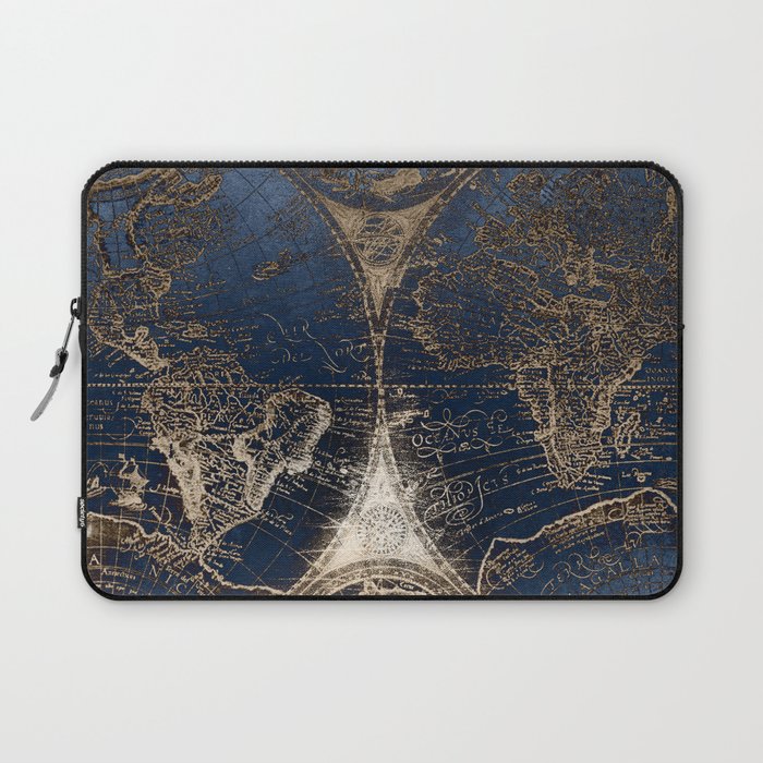 World Map Deep Blue and Gold Laptop Sleeve