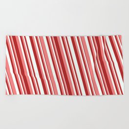 [ Thumbnail: Light Coral, Red & Mint Cream Colored Stripes Pattern Beach Towel ]