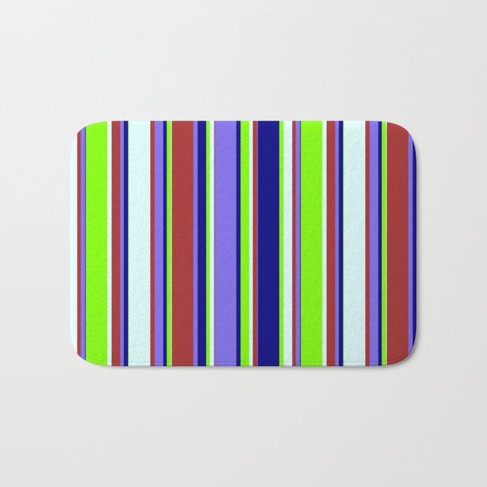 Colorful Brown, Medium Slate Blue, Blue, Chartreuse & Light Cyan Colored Striped/Lined Pattern Bath Mat
