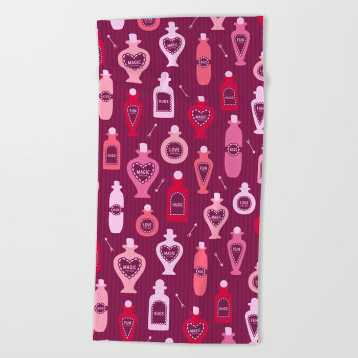 Retro Valentine's magic potion bottles burgundy pattern Beach Towel