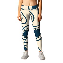 Abstract Mid Century Modern Shapes PatternSeamless - Antique White and Navy Leggings