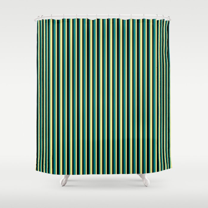 Teal, Tan, and Black Colored Pattern of Stripes Shower Curtain