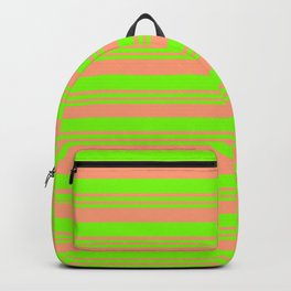 [ Thumbnail: Green and Light Salmon Colored Lines Pattern Backpack ]