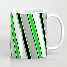 [ Thumbnail: Dark Gray, Lime, Mint Cream & Black Colored Stripes/Lines Pattern Coffee Mug ]