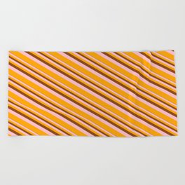 [ Thumbnail: Brown, Pink & Orange Colored Lined/Striped Pattern Beach Towel ]