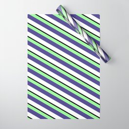 [ Thumbnail: Green, Dark Slate Blue, White & Black Colored Striped Pattern Wrapping Paper ]
