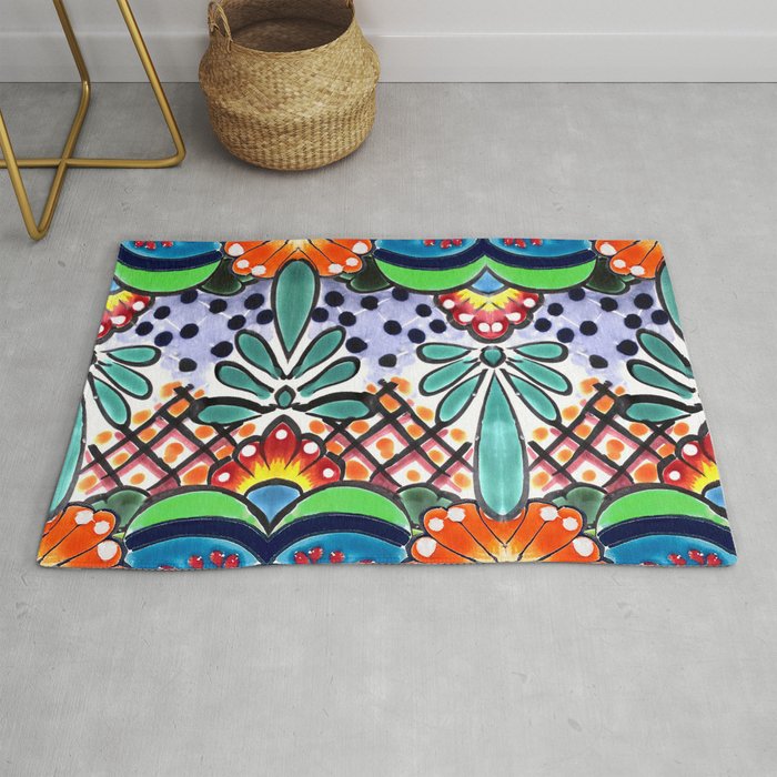 Colorful Talavera, Green Accent, Large, Mexican Tile Design Rug
