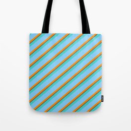 [ Thumbnail: Light Sky Blue, Dark Orange, Dim Grey & Turquoise Colored Striped Pattern Tote Bag ]