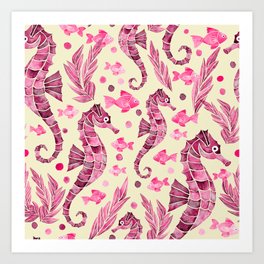 Watercolor Seahorse Pattern - Pink and Cream Art Print