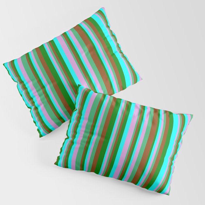 Eye-catching Brown, Green, Cyan, Plum, and Sea Green Colored Stripes Pattern Pillow Sham