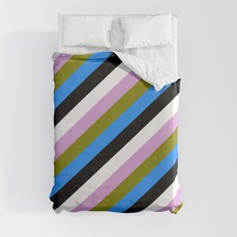 [ Thumbnail: Eye-catching Plum, Green, Blue, Black, and White Colored Stripes Pattern Duvet Cover ]