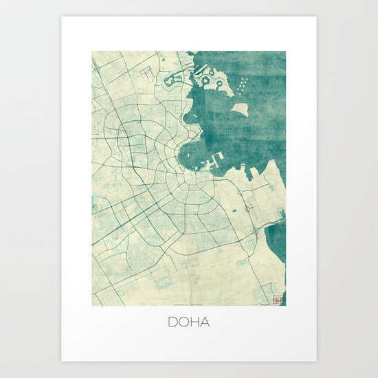 Doha Map Blue Vintage Art Print