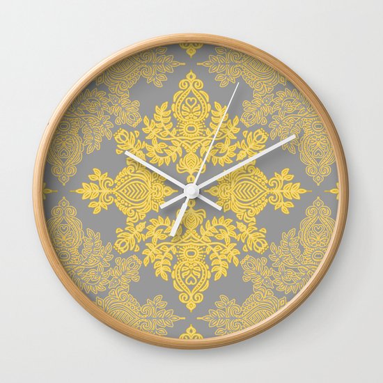 Golden Folk - doodle pattern in yellow & grey Wall Clock
