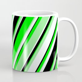 [ Thumbnail: Lime, Light Green, Mint Cream & Black Colored Pattern of Stripes Coffee Mug ]