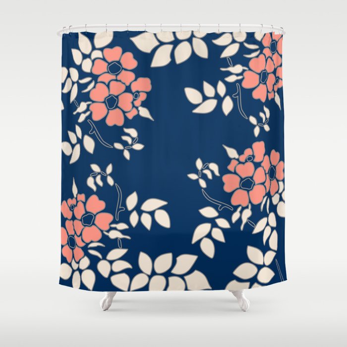 FLORAL IN BLUE AND CORAL Shower Curtain
