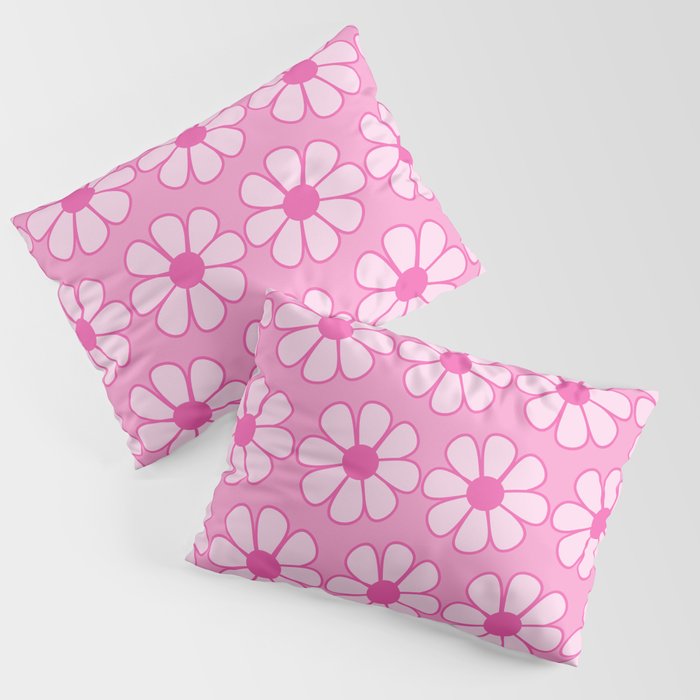 Cheerful Retro Daisy Floral Pattern in Preppy Pink Pillow Sham