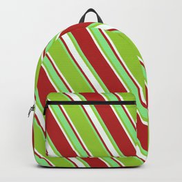 [ Thumbnail: Red, Light Green, Green & Mint Cream Colored Lines Pattern Backpack ]