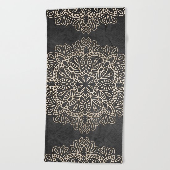 Mandala White Gold on Dark Gray Beach Towel