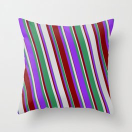 [ Thumbnail: Purple, Maroon, Light Gray, and Sea Green Colored Stripes Pattern Throw Pillow ]