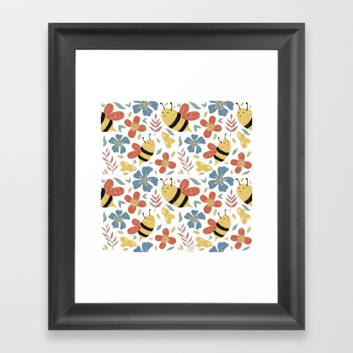 Cute Honey Bees and Flowers Framed Art Print