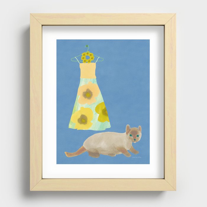 Cat and Hula Dress - Green and Yellow and Blue Recessed Framed Print