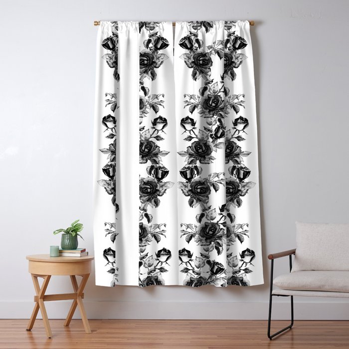 Simple Watercolor Roses With Tendrils Seamless Pattern Black White On White Blackout Curtain By Gxp Design Society6