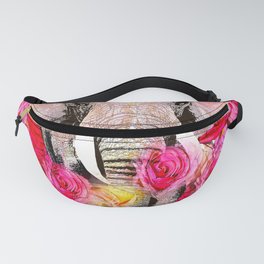 Elephant and Pink Roses Fanny Pack | Dragonfly, Tusks, Garden, Floral, Impressionism, Elephants, White, Flowers, Painting, Roseswhite 