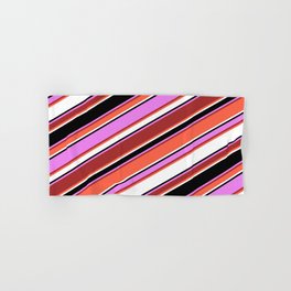 [ Thumbnail: Eye-catching Violet, Brown, Red, White & Black Colored Striped/Lined Pattern Hand & Bath Towel ]