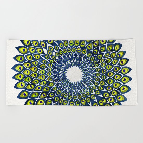 Peacock Feather Mandala – Navy & Lime Palette Beach Towel