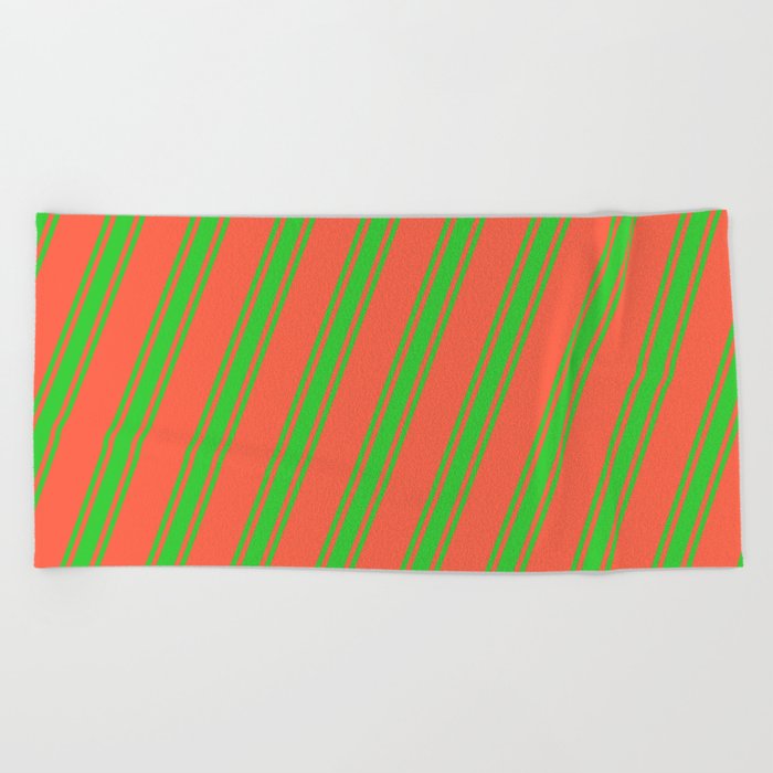 Red and Lime Green Colored Striped Pattern Beach Towel