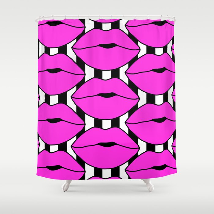 Pink Close up Stripe Lips Shower Curtain