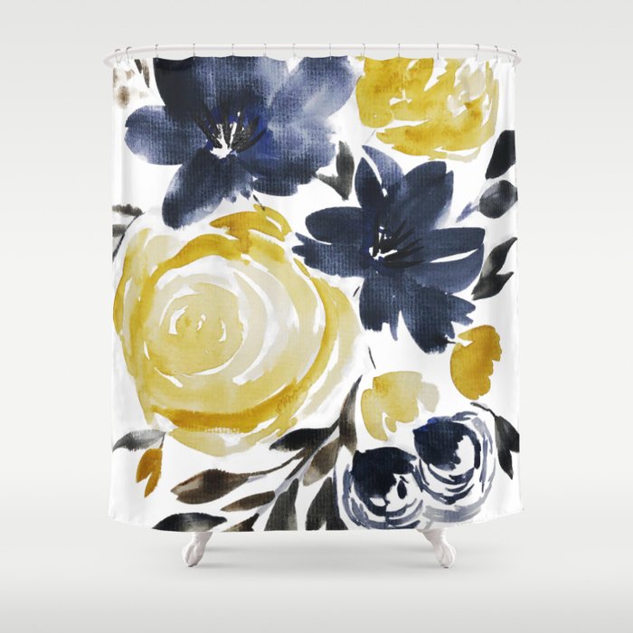 Navy and Yellow Loose Watercolor Floral Bouquet Shower Curtain