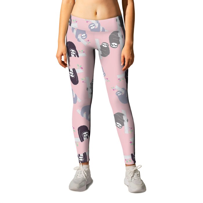 "Just Hanging Out" Sloth Pattern - Pink Leggings