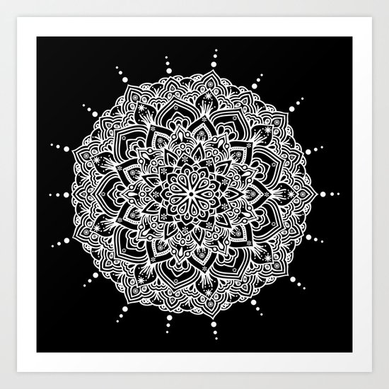 White Mandala With Droplets On Black Art Print