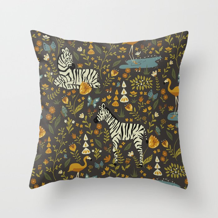 Zebras in Wild Fall Garden Throw Pillow