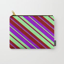 [ Thumbnail: Green, Dark Red & Dark Violet Colored Lined/Striped Pattern Carry-All Pouch ]