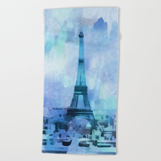 Blue Eifel Tower Paris France abstract painting Beach Towel