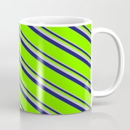 [ Thumbnail: Grey, Midnight Blue, and Green Colored Lined/Striped Pattern Coffee Mug ]
