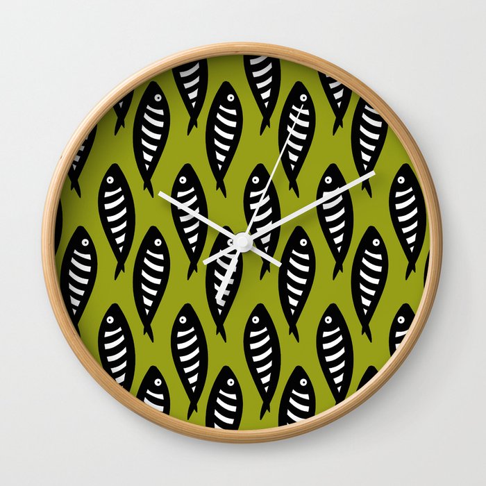 Abstract black and white fish pattern Lime green Wall Clock