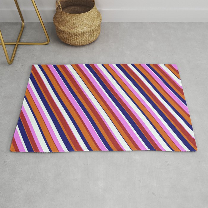 Eyecatching Chocolate, Midnight Blue, Mint Cream, Violet & Brown Colored Lines Pattern Rug