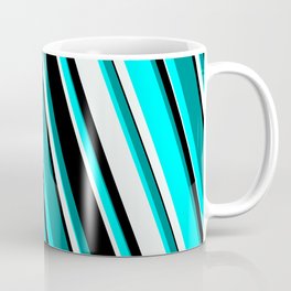 [ Thumbnail: Dark Cyan, Aqua, Mint Cream, and Black Colored Striped Pattern Coffee Mug ]