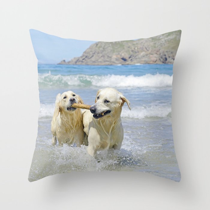 Two Golden Retriever Dogs Coming Stick  Throw Pillow