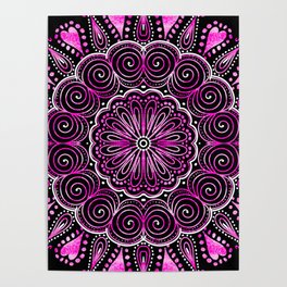 Twirly Purple Mandala with Pink Hearts Poster
