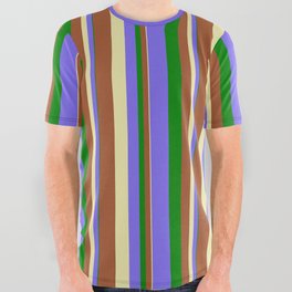 [ Thumbnail: Green, Medium Slate Blue, Pale Goldenrod, and Sienna Colored Striped Pattern All Over Graphic Tee ]